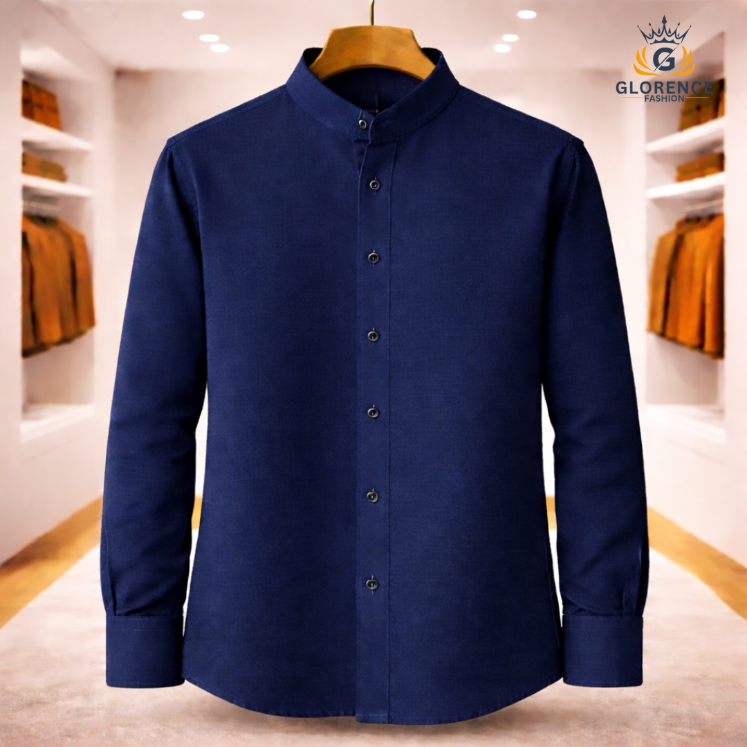 Band Collar Oxford Cotton Shirt (Navy Blue)