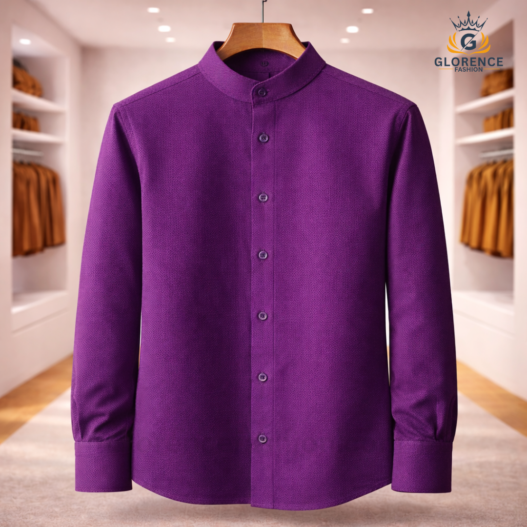 Band Collar Oxford Cotton Shirt (Purple)